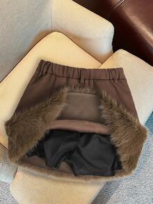 GlowEve Coffee Color Patchwork Faux Fur A-Line High Waist Mini Skirt, Autumn/Winter - Coffee Brown - View 2