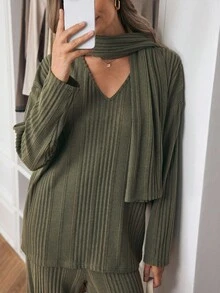 Louniche Women's Casual Minimalist Textured Fabric Straight Loose Top And Straight Leg Pants Two Pieces Set, Autumn/Winter - Army Green - View 5