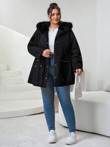SHEIN CURVE+ Plus Size Winter Clothes Casual Drawstring Waist Hooded Padded Padded Coat With Fur Collar - Black - View 5