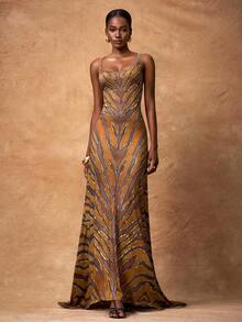 Zivah 2025 夏秋新款，适合生日派对、返校、校园风、日常穿着、休闲、邮轮旅行、海滩、日光浴、时尚、街头风、优雅、通勤、商务休闲、派对、宴会等场合，金属链条肩带可调节长度，性感露背，褶皱设计，修身剪裁，斑马纹印花长裙 - 彩色 - 查看 5