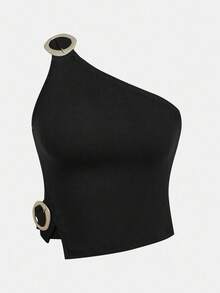 Maija 女式撞色无袖不对称肩上衣 - 黑色 - 查看 2