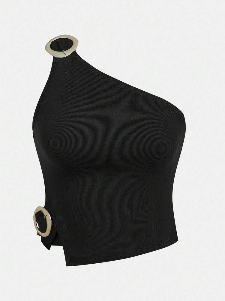 SHEIN Maija Women's Contrast Color Sleeveless Asymmetric Shoulder Top, Fall Clothes For Women Casual Blouses For Women Casual Blouses For Women Party Top Halloween Costume Women