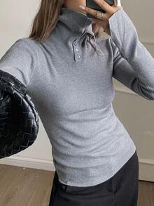 Livesso Suéter de cuello alto de manga larga, de unicolor y ajustado, minimalista, adecuado para el otoño - Gris - Ver 1