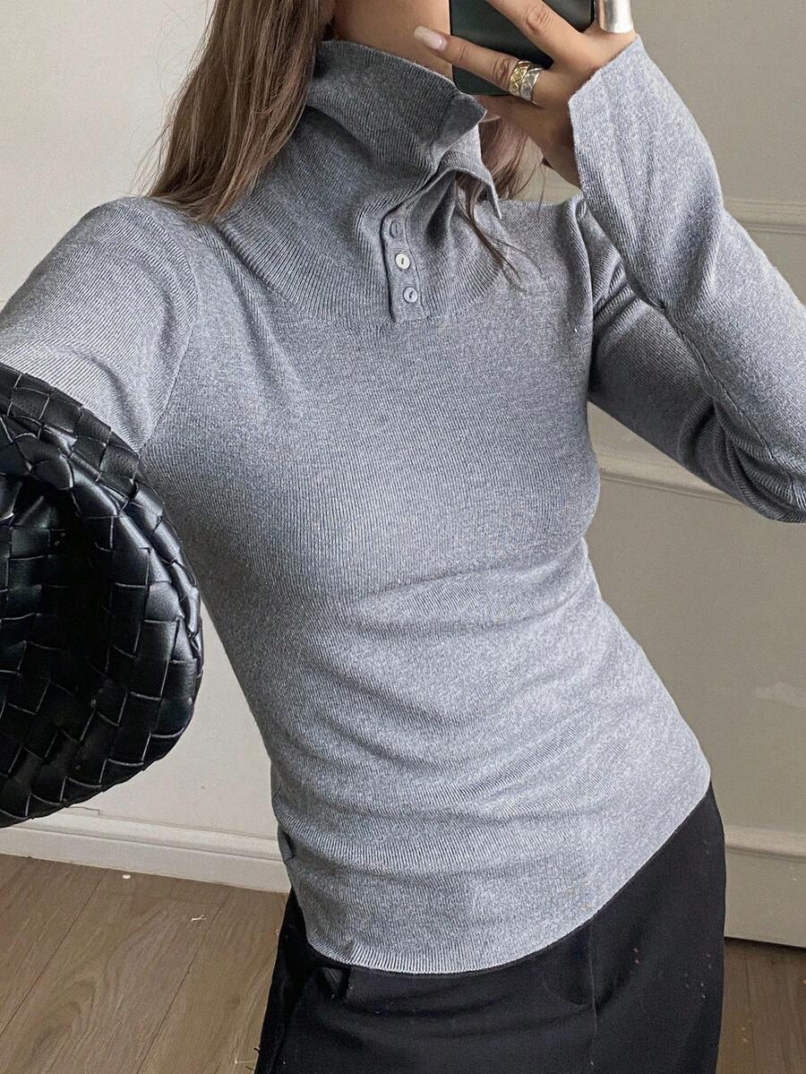 Livesso Suéter de cuello alto de manga larga, de unicolor y ajustado, minimalista, adecuado para el otoño - Gris - Ver 1
