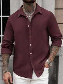 Manfinity Homme 时尚男士纯色酒红色长袖半透明衬衫，领口、常规下摆、纽扣前襟设计，酒红色衬衫，锈红色波西米亚休闲长袖衬衫，秋季 - 酒紅色 - 查看 7