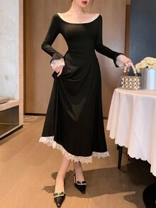 DAZY 女士优雅修身连衣裙，撞色蕾丝拼接露肩长袖礼服，适合舞会、晚宴等场合。 - 黑色 - 查看 2