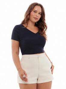 Solavibe Plus Size Solid Color Shorts With Slanted Pockets - Beige - View 2