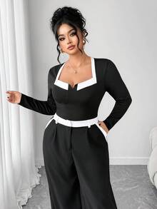 Elenzga Bộ đồ thanh lịch áo dài tay màu tương phản và quần ống rộng xếp ly cho nữ cỡ lớn - Đen và trắng - Xem 3