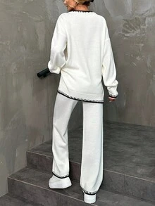 EURMUSE Women's Drop Shoulder Loose Knitted Sweater Two Piece Set With Contrast Color Hem - White - View 2