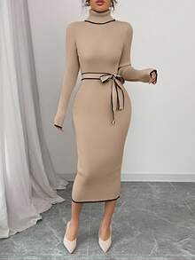 Selianne Vestido de suéter de punto con cuello alto, ajustado, textura acanalada y lazo para mujer - Caqui - Ver 5