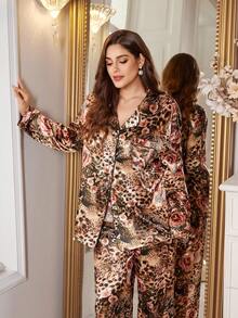 MuseNap CURVE Leopard Rose Print Lapel Collar Long Sleeve Top & Pants Plus Size Pajama Set, Fall Winter Clothes - Multicolor - View 1