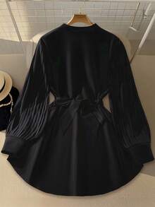 Lacomfia 女式立领褶皱长袖系腰优雅百搭时尚纯色加大码衬衫 - 黑色 - 查看 2