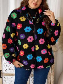 EMERY ROSE Plus Size Women  Casual Solid Color Zip-Up Floral Fleece Warm Coat With Pockets, , Going Out,  New , Simple And Fashionable For Everyday Wear,  For Women , New Year,Spring - Multicolor - View 4