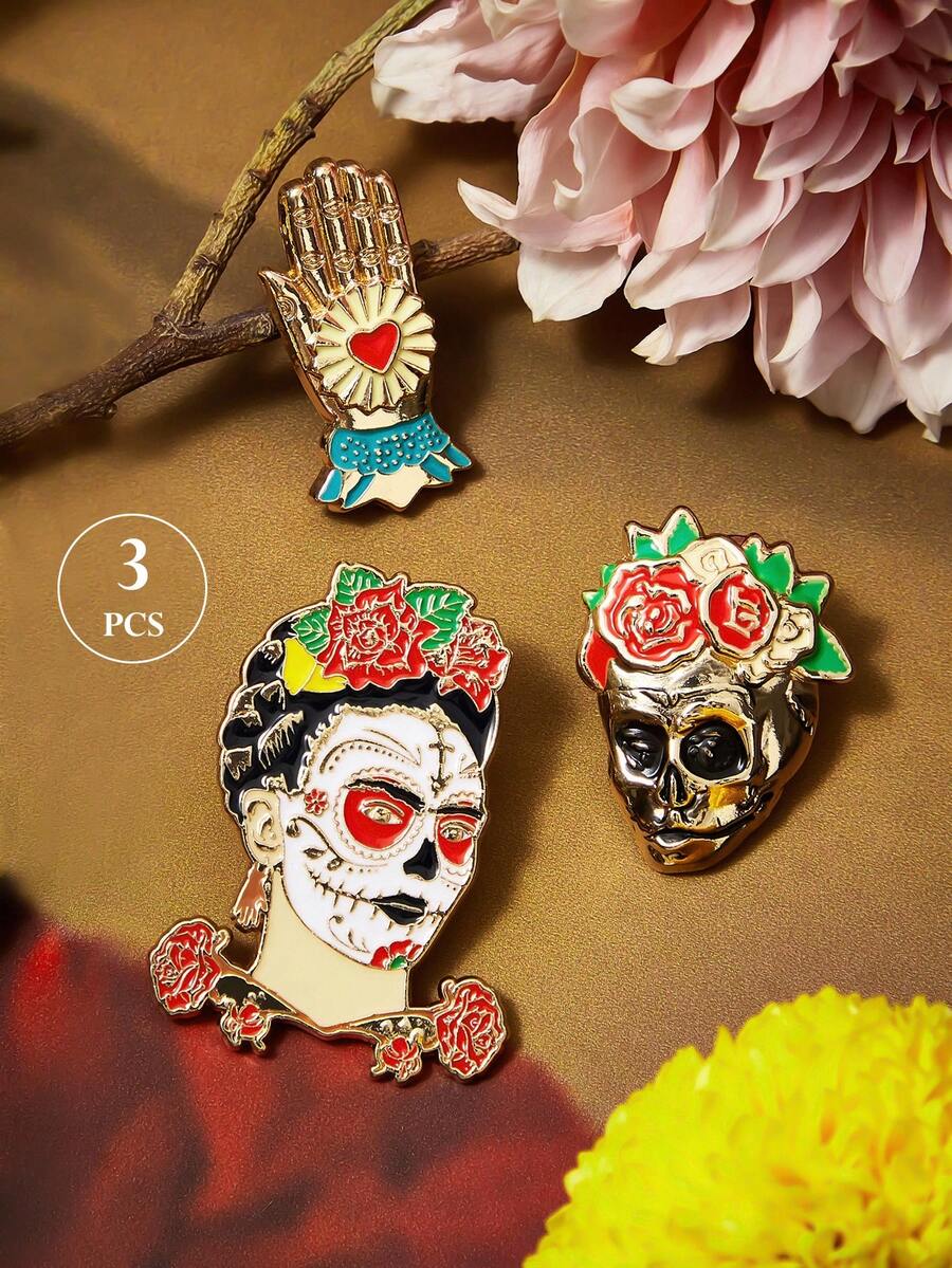 Frida Kahlo X SHEIN Bộ 3 ghim cài áo hợp kim kẽm dập nổi 3D hình đầu lâu và hoa, màu vàng kim, thích hợp làm quà tặng cho áo khoác, áo sơ mi, vest, túi xách, lễ hội Halloween, Ngày của người chết, chủ đề xương và hoa, hoa cúc vạn thọ, đầu lâu đường, nến. - Nhiều màu - Xem 1