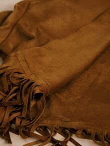 青少年女孩时尚休闲仿麂皮翻领泡泡长袖流苏下摆复古嘻哈开衫夹克 - 駝色 - 查看 6