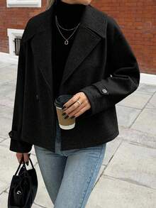 SHEIN PETITE Casual Solid Color Long Sleeve Cropped Jacket For Women - Black - View 3