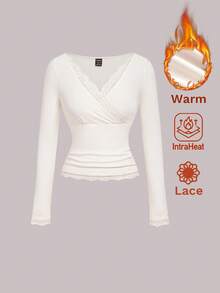 SHEIN MOD Maglietta da donna a maniche lunghe, aderente, con inserti in velluto termico e pizzo - Albicocca - Visualizzare 2