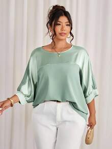Cravure Plus Size Round Neck 3/4 Sleeve Metallic Fabric Patchwork Contrast Color Woven Fabric Cuff Raglan Sleeve Casual Outgoing Holiday Commute Party Pullover Shirt - Mint Green - View 7