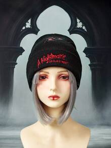 A Nightmare on Elm Street X ROMWE Y2K 朋克风格字母刺绣时尚简约针织帽，独特小众街头摇滚破洞印花男女通用寒冷天气帽，适合约会、校园、通勤，一款特别时尚温暖的配饰 - 黑色 - 查看 3