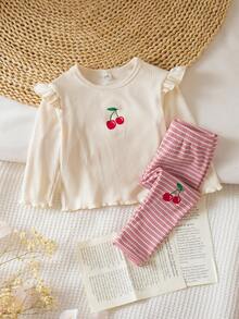 2pcs Baby Girl Autumn/Winter Round Neck Flutter Sleeve Ribbed Knit Top + Pink Ribbed Pants With Cherry Embroidery, Casual Cute Matching Set Fall - Multicolor - View 3