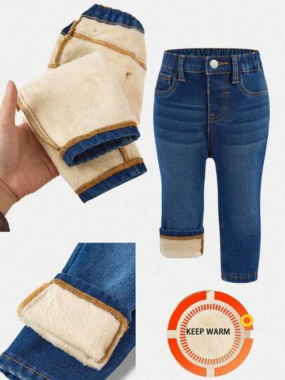 SHEIN Marinblå termofodrade stretchiga skinny jeans för babyflicka, fleece för värme, höstkläder, höstkläder, vardagliga och moderiktiga semesterkläder, fleeceleggings vinter