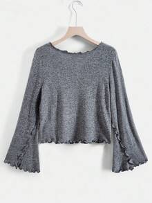 SHEIN EZwear 秋季大码女式休闲生菜花边喇叭袖T恤 - 灰色 - 查看 2
