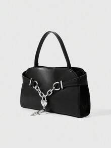 ROMWE Grunge Punk Women's Solid Color Chain Decor Shoulder Bag - Black - View 2