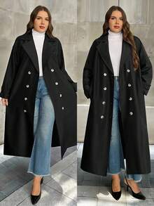 Firerie Plus Size Casual Solid Color Double-Breasted Windbreaker, Autumn Halloween Plus Size Fall Winter/Spring And Autumn Long-Sleeved Straight Double-Breasted Trench Coat With Pockets / Office Lady's Daily Wear Thin Coat / Suit Collar Contrast Button Coat