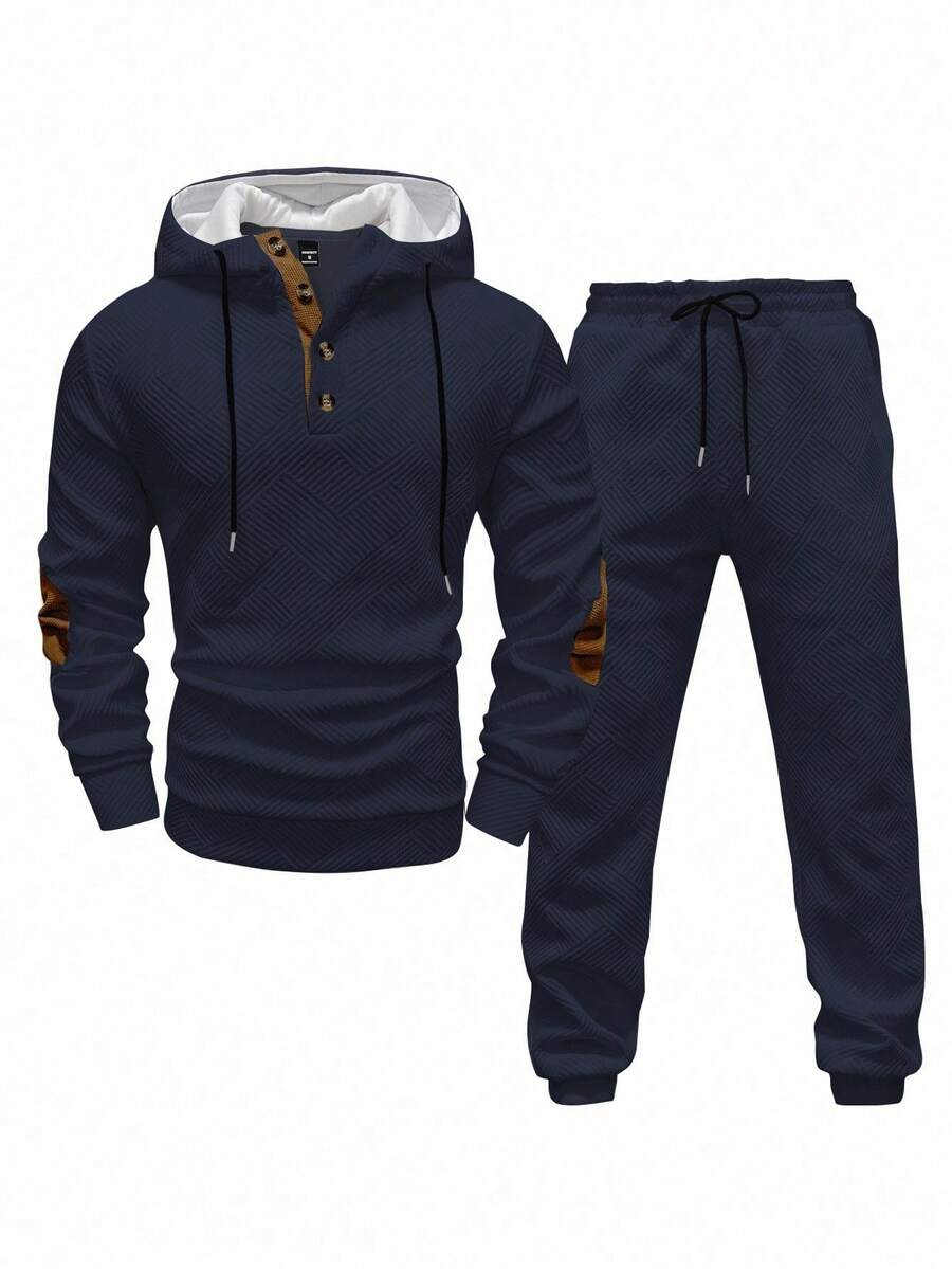 Manfinity Homme 男士两件套撞色抽绳连帽运动衫和运动裤休闲运动服男士运动套装秋季服装 - 藏蓝色 - 查看 1