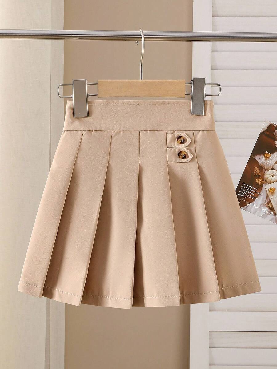 Sparklyn 女孩优雅时尚休闲运动百搭褶皱迷你裙，适合上学、度假、旅行、四季 - 卡其色 - 查看 1