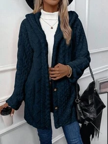 EMERY ROSE Women's Thermal Lined Button-Up Hooded Cardigan, Autumn/Winter - Royal Blue - View 6