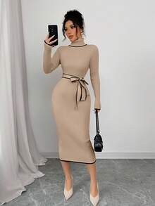 Selianne Vestido de suéter de punto con cuello alto, ajustado, textura acanalada y lazo para mujer - Caqui - Ver 6