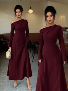 Elenzga فستان أنيق طويل للنساء بخصر مربوط على شكل حرف A، كتف مكشوف، لون أحادي، مناسب للاستخدام اليومي والحفلات والعطلات والسهرات، ملابس خريف/شتاء. فساتين خريف للنساء، ملابس شتوية للنساء، فستان عيد الميلاد، كاجوال للعمل، فساتين للنساء للعمل، فساتين لحفلات الزفاف، ملابس نسائية جوتية، كتف مكشوف، فستان كتف واحد