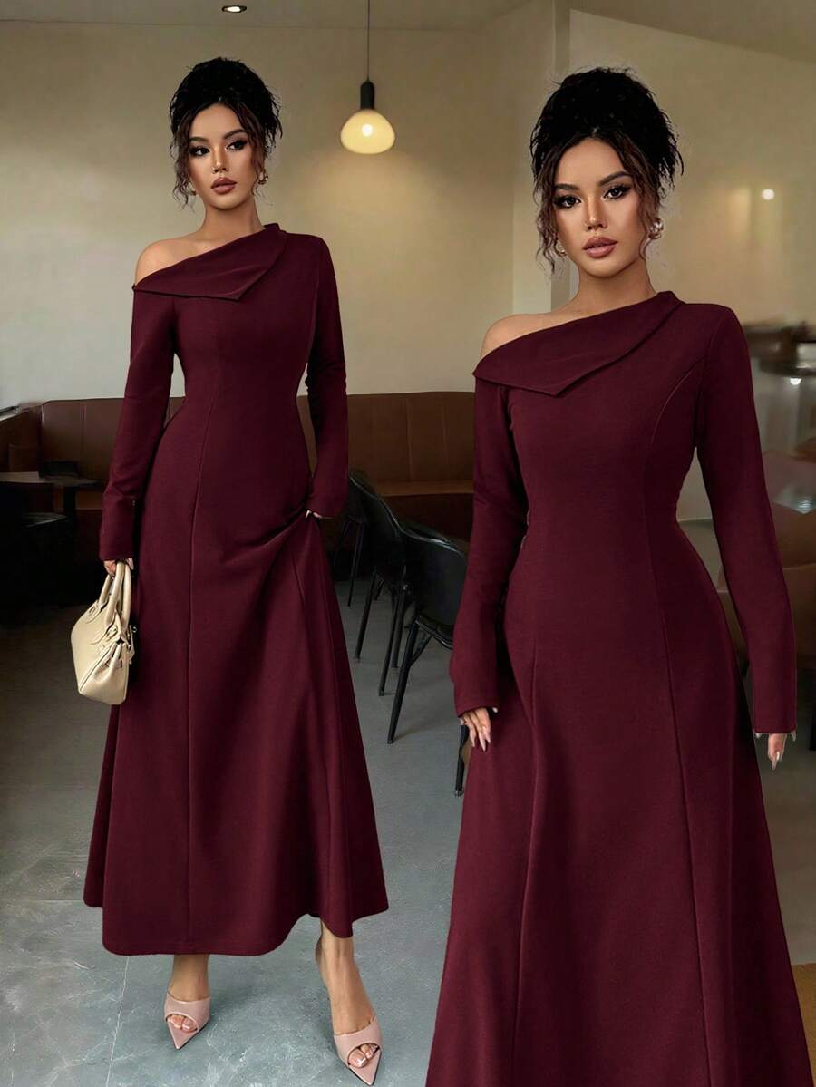 Elenzga فستان أنيق طويل للنساء بخصر مربوط على شكل حرف A، كتف مكشوف، لون أحادي، مناسب للاستخدام اليومي والحفلات والعطلات والسهرات، ملابس خريف/شتاء. فساتين خريف للنساء، ملابس شتوية للنساء، فستان عيد الميلاد، كاجوال للعمل، فساتين للنساء للعمل، فساتين لحفلات الزفاف، ملابس نسائية جوتية، كتف مكشوف، فستان كتف واحد