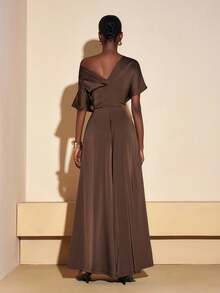 Zivah 2025 Autumn New Music Festival, Easter, St. Patrick's Day, Western, Nomadic, Birthday Party, Graduation, College Style, Student Wear, Casual Everyday, Basic Versatile, Leisure, Vacation, Cruise Travel, Beach, Sunbathing, Viral , Streetwear, Wedding Guest Boho, Commute, Brunch, Airport, Party, Holiday Outings, Elegant Banquet Asymmetrical Shoulder Asymmetric Design Satin Jumpsuit Wide Leg Pants With Pockets - Brown - View 2