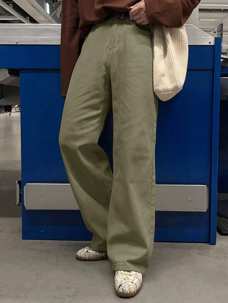 DAZY 休闲宽松纯色阔腿直筒男士牛仔裤 - 軍綠色 - 查看 1