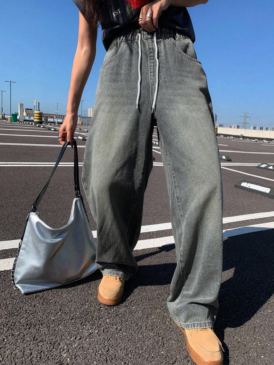 Livesso Quần jean nữ ống rộng, quần jeans nữ, quần jeans nữ cạp chun có túi rút ở eo - Rửa trung bình - Xem 1