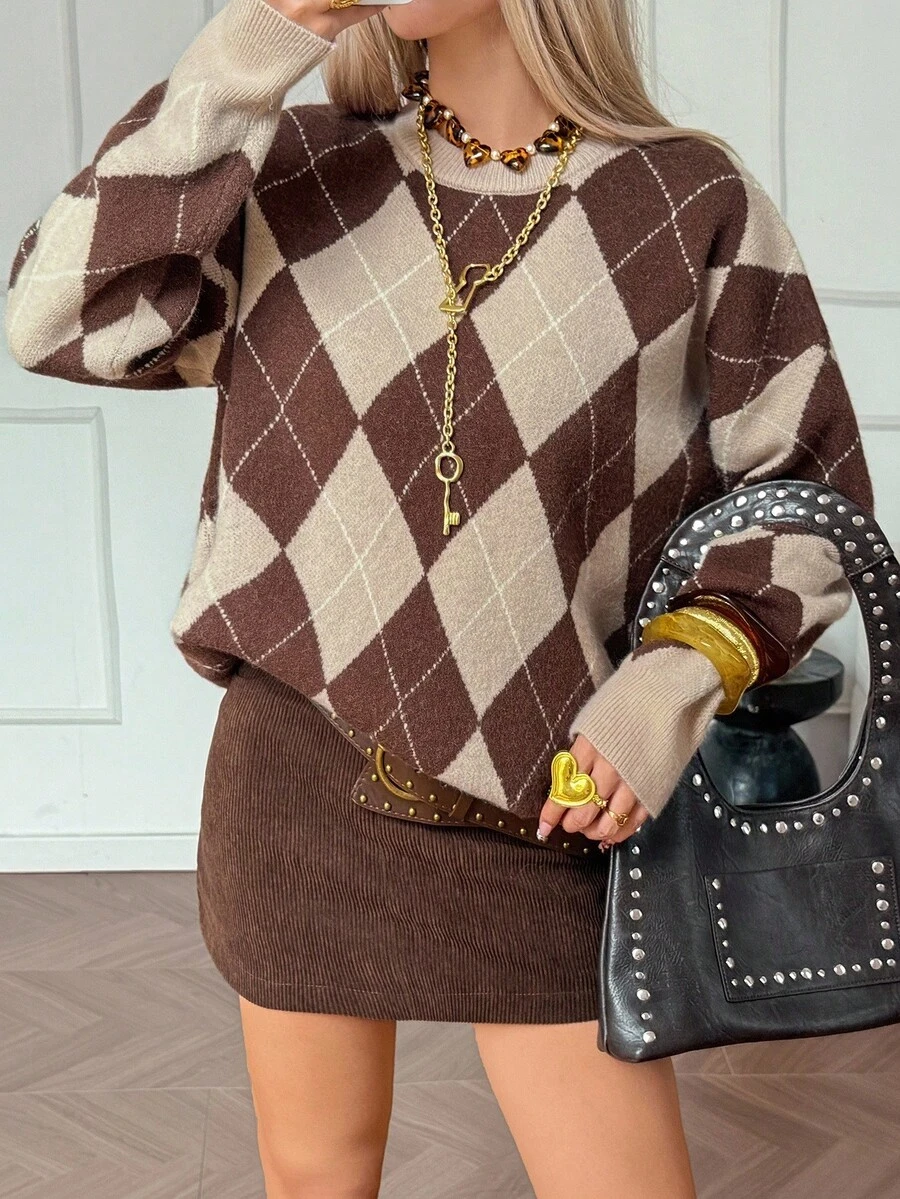 DAZY Suéter de punto casual con bloques de color y cuadros, otoño - Café integral - Ver 1