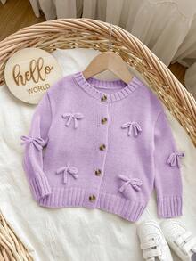 SHEIN Apricot Bowknot Cardigan, Cute & Versatile For Baby Girl, Autumn/Winter - Purple - View 1