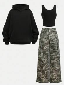 Girlism Teen Girls 3-Piece Set: Black Letter Knit Hoodie Sweatshirt, Black Tight Camisole Top, And Camo Print Cargo Pants, Casual Sports Outfit Fall Winter - Black - View 2