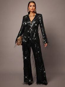 Silquee Autumn And Winter Women's Black Fringe Sequin Fabric Diamond Button Fashion Suit Pants, Suitable For Parties, Gatherings, Dates, Going Out, Wedding Guests, Birthdays, Dates, Halloween, Thanksgiving, Christmas Sequin Fringe Pants Party - Black - View 4