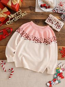 Tween Girl Contrast Raglan Sleeve Round Neck Butterfly Jacquard Casual Knit Pullover Sweater Fall Winter - Multicolor - View 6