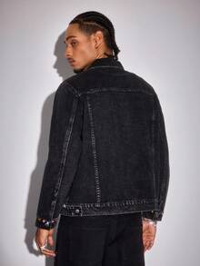 ROMWE MEN Street Life Rhinestone Embellished Casual Loose Personalized Long Sleeve Men Denim Tops, For Fall - Black - View 3