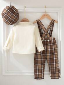 Souflis Souflis 两件套：休闲长袖上衣和格子吊带裤套装，适合上学、聚会、郊游和各种场合，2025 年秋冬新品，幼儿男童 - 咖啡棕 - 查看 3
