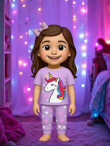 Young Girl Unicorn Glow Pattern Short Sleeve Jumpsuit 2Pcs Loungewear Set, Light Pink - Mauve Purple - View 8