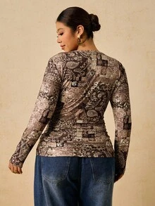 SHEIN VCAY Plus Size Women Casual Bohemian Paisley Print Round Neck Long Sleeve Pullover T-Shirt, Versatile For Holiday & Daily Wear, Autumn/Winter