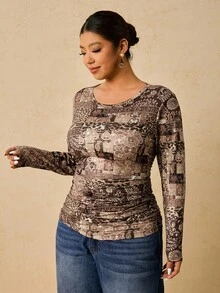 SHEIN VCAY Plus Size Women Casual Bohemian Paisley Print Round Neck Long Sleeve Pullover T-Shirt, Versatile For Holiday & Daily Wear, Autumn/Winter