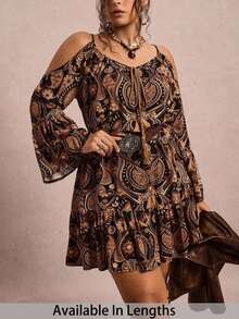 SHEIN Tall CURVE 大码女式花卉印花露肩喇叭袖系带前褶边下摆度假连衣裙 - 棕色 - 查看 1