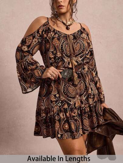 SHEIN Tall CURVE Vestido de vacaciones con estampado floral, hombros descubiertos, mangas acampanadas, lazo delantero y dobladillo con volantes para mujer de talla grande