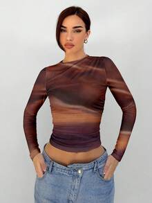 Aloruh 优雅女士棕色纹理扎染印花圆领长袖百搭秋冬分层T恤 - 彩色 - 查看 3